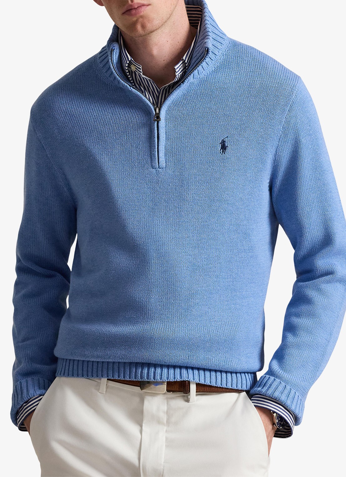 Ralph Lauren Ribgebreide trui met halve rits en logoborduring - detail 2 lichtblauw