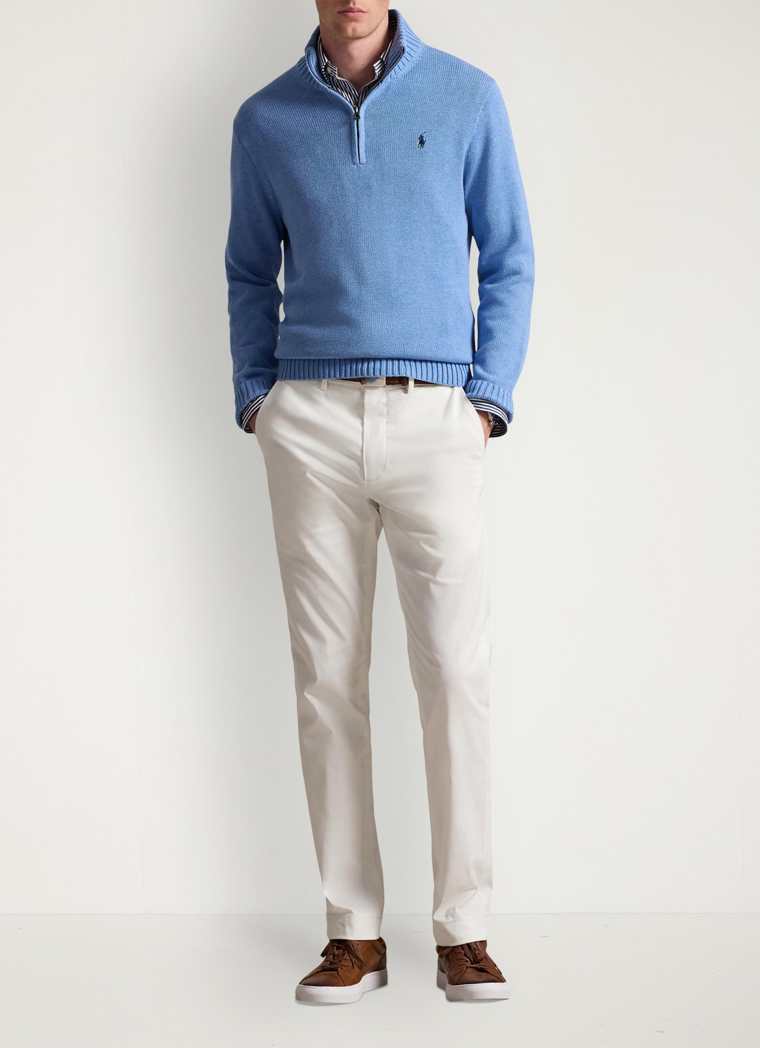 Ralph Lauren Ribgebreide trui met halve rits en logoborduring - voorkant 5 lichtblauw