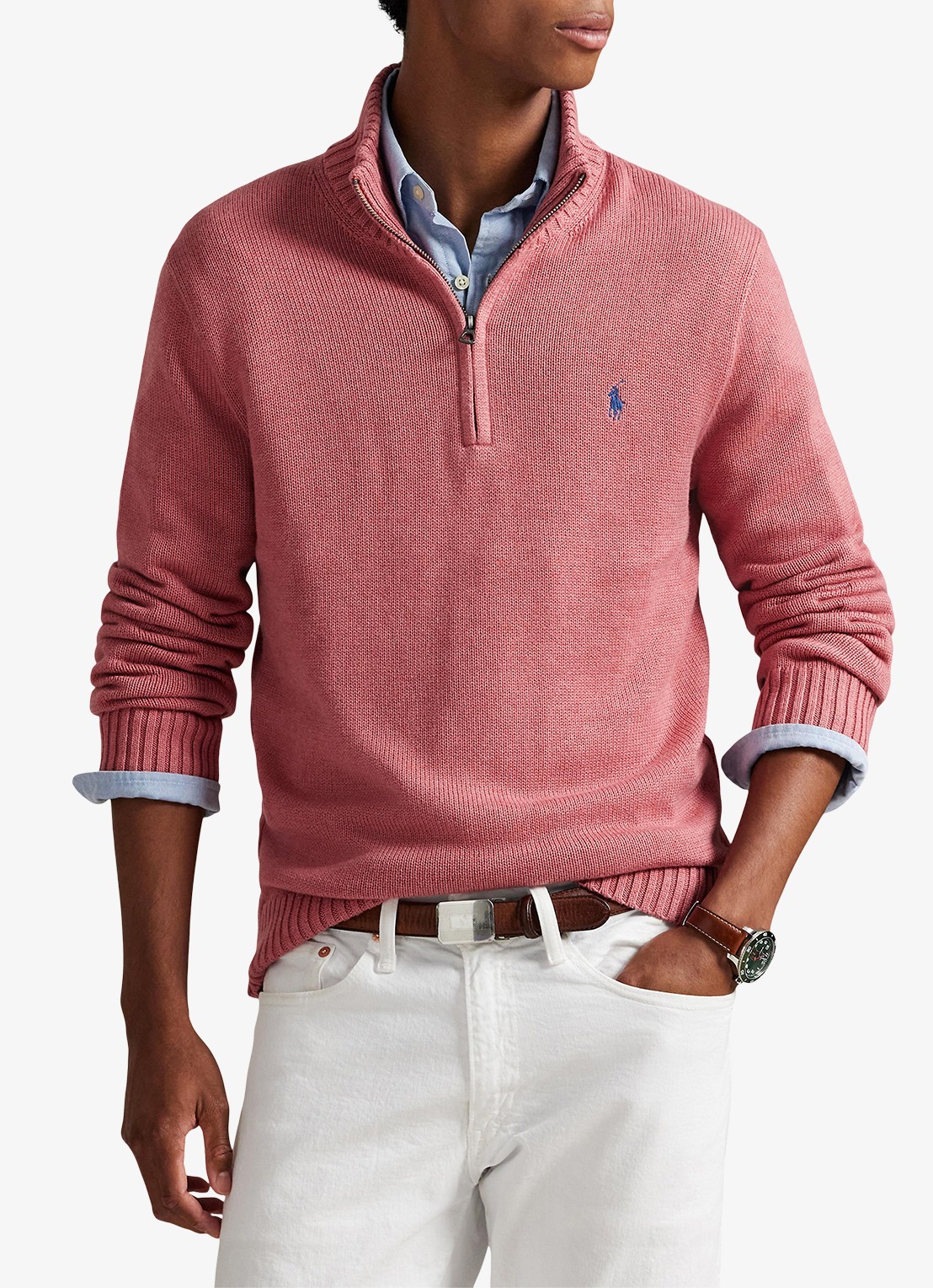 Ralph Lauren Ribgebreide trui met halve rits en logoborduring - detail 3 zalmroze