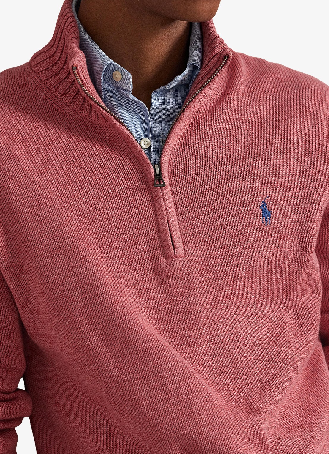 Ralph Lauren Ribgebreide trui met halve rits en logoborduring - detail 4 zalmroze