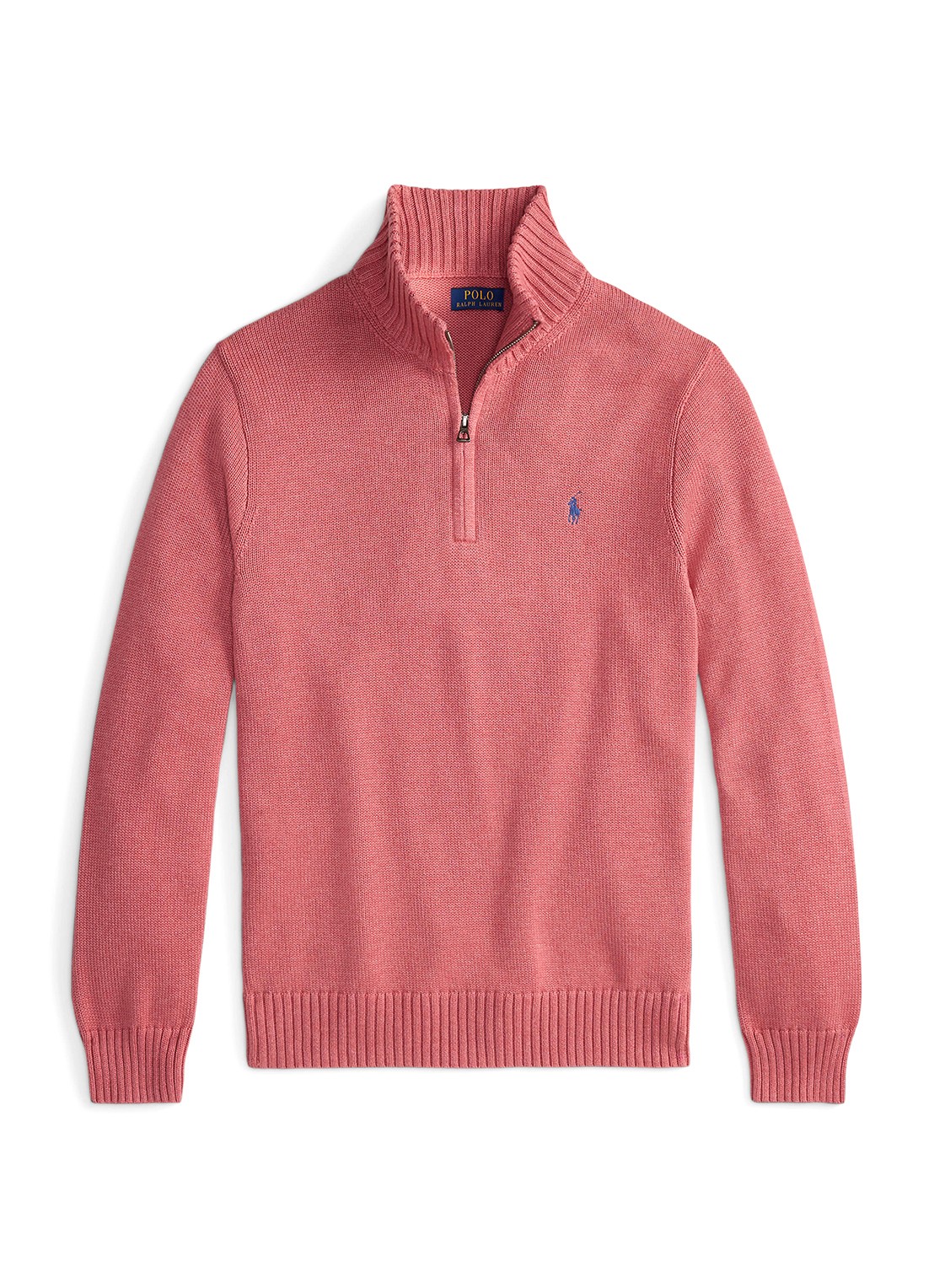 Ralph Lauren Ribgebreide trui met halve rits en logoborduring - voorkant zalmroze