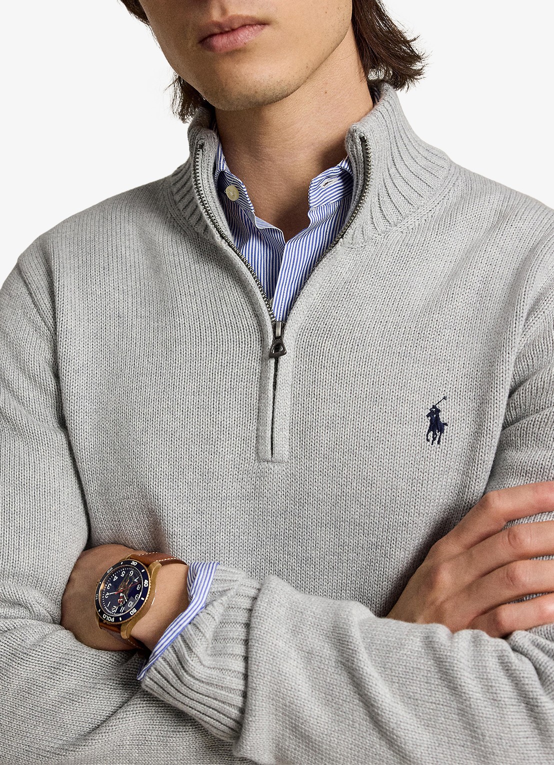 Ralph Lauren Ribgebreide trui met halve rits en logoborduring - detail 4 andover heather / grijs