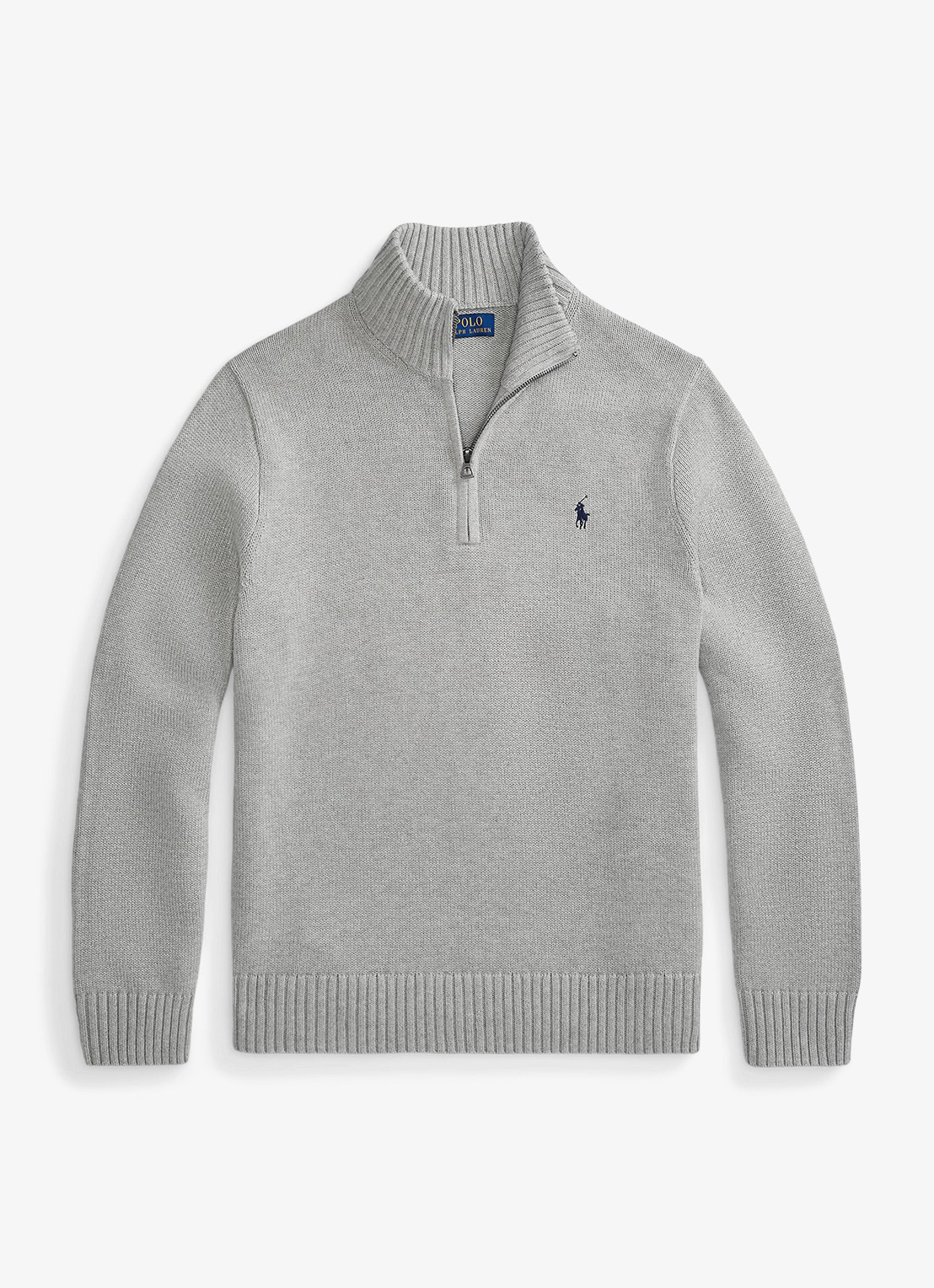 Ralph Lauren Ribgebreide trui met halve rits en logoborduring - voorkant andover heather / grijs