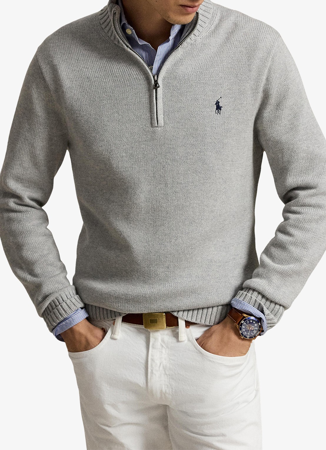 Ralph Lauren Ribgebreide trui met halve rits en logoborduring - voorkant 2 andover heather / grijs