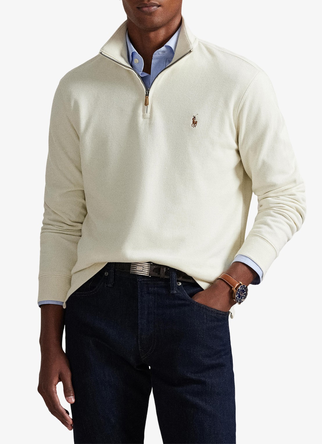 Ralph Lauren Ribgebreide trui met halve rits - voorkant 2 parchment cream / creme