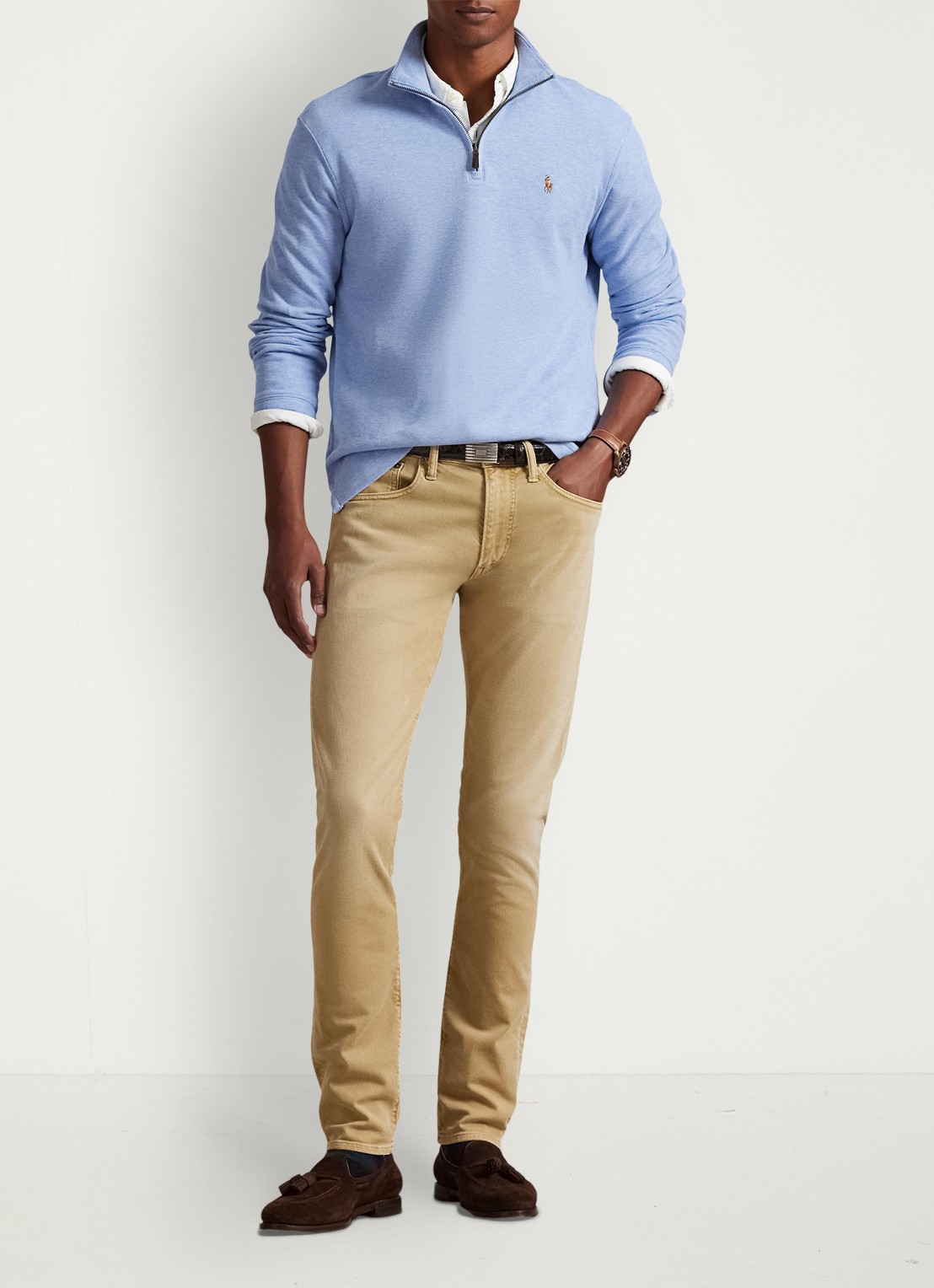 Ralph Lauren Ribgebreide trui met halve rits - voorkant 3 isle heather / lichtblauw
