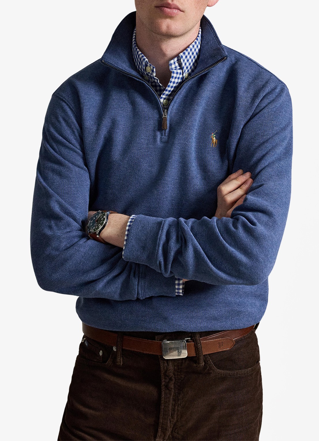 Ralph Lauren Ribgebreide trui met halve rits - voorkant 5 derby blue heather / blauw