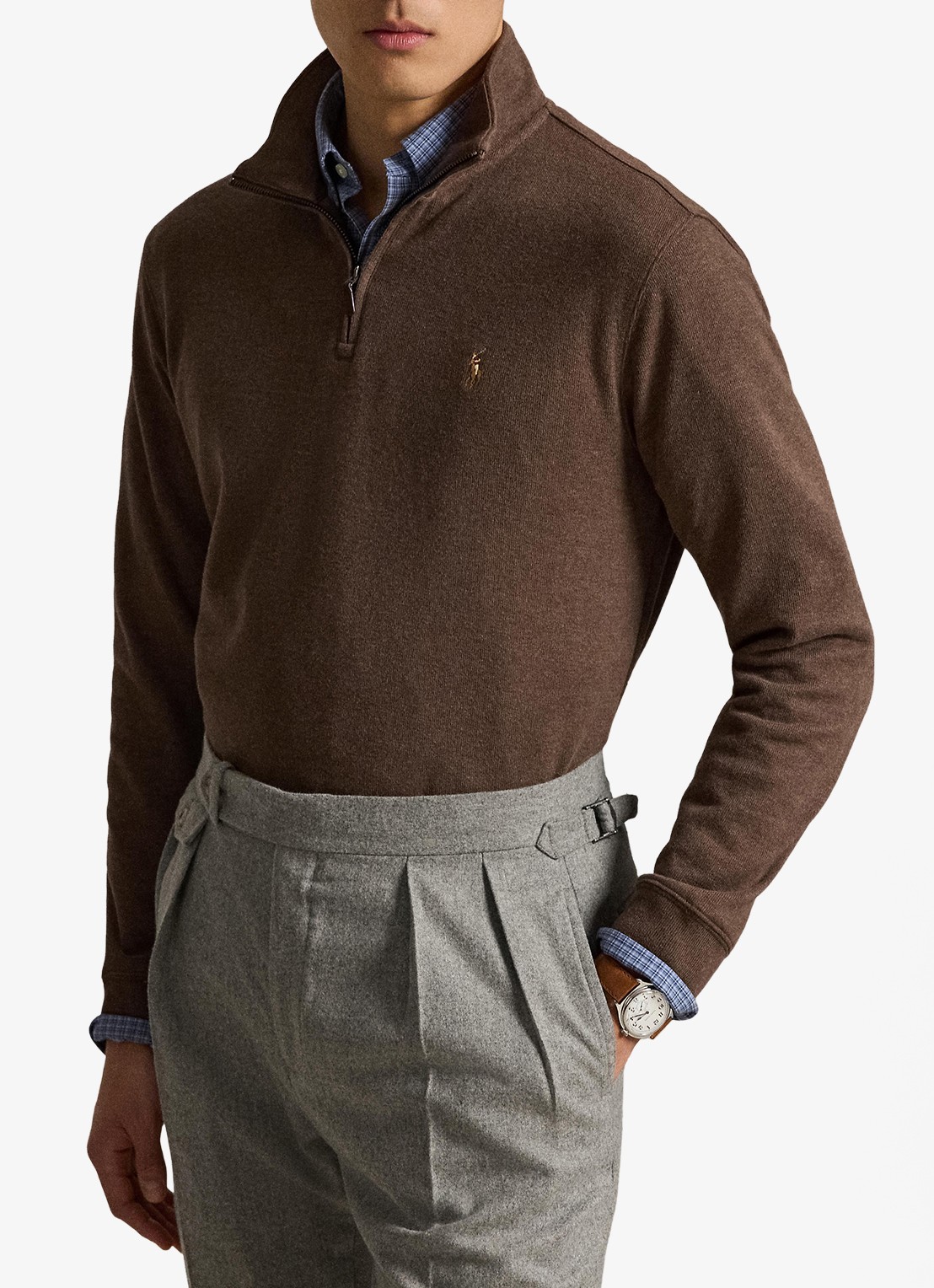Ralph Lauren Ribgebreide trui met halve rits - voorkant 5 nutmeg brown heather / bruin