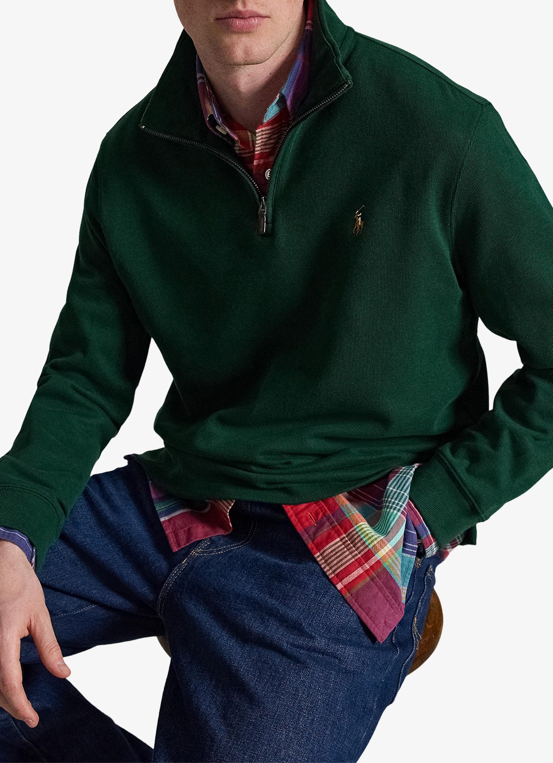 Ralph Lauren Ribgebreide trui met halve rits - voorkant 2 moss agate / mosgroen