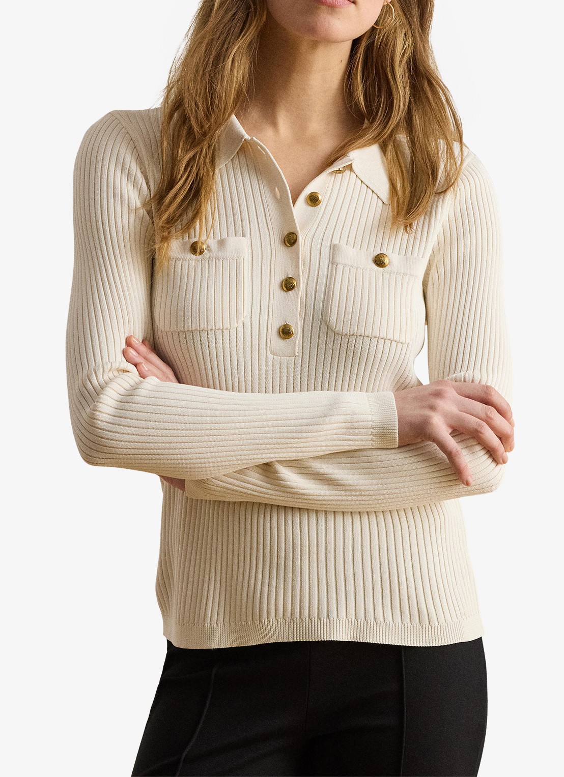 Ralph Lauren Ribgebreide trui met opgestikte zakken - detail 4 mascarpone crème / crème