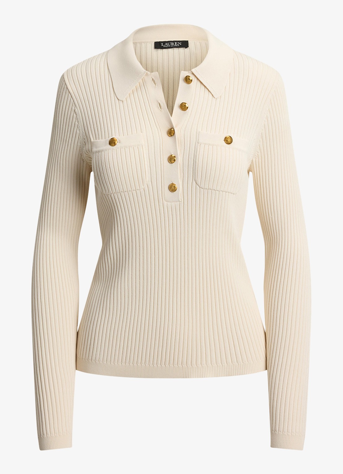 Ralph Lauren Ribgebreide trui met opgestikte zakken - voorkant 2 mascarpone crème / crème