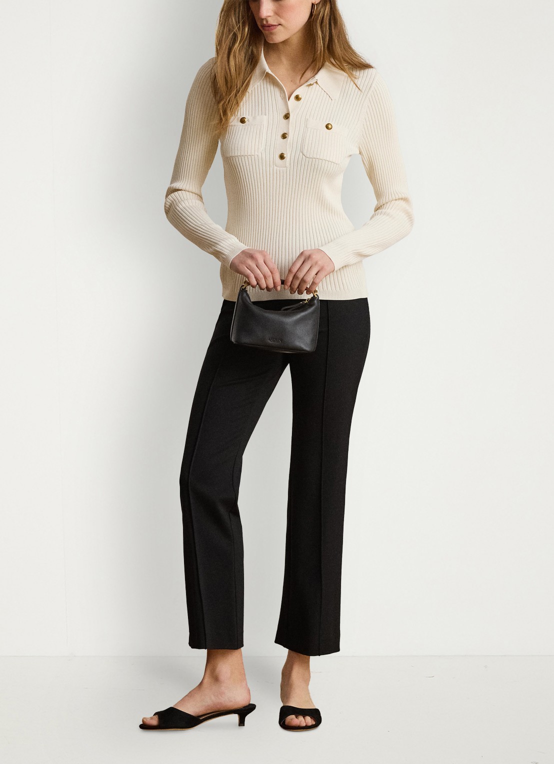 Ralph Lauren Ribgebreide trui met opgestikte zakken - voorkant 3 mascarpone crème / crème