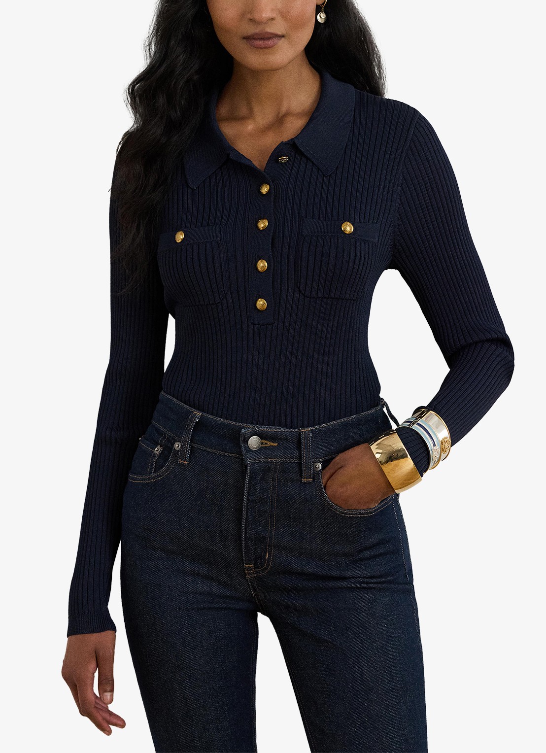 Ralph Lauren Ribgebreide trui met opgestikte zakken - voorkant 5 lauren navy / blauw