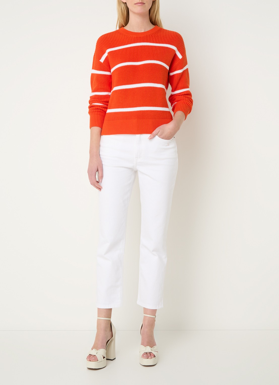 Ralph Lauren Ribgebreide trui met streepprint - voorkant 4 oranjerood