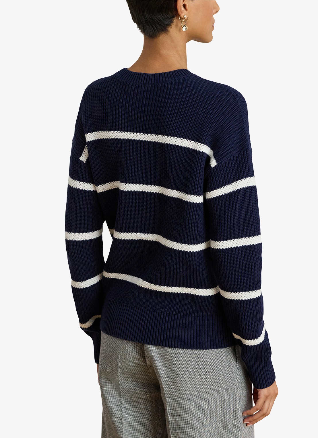 Ralph Lauren Ribgebreide trui met streepprint - achterkant 4 donkerblauw