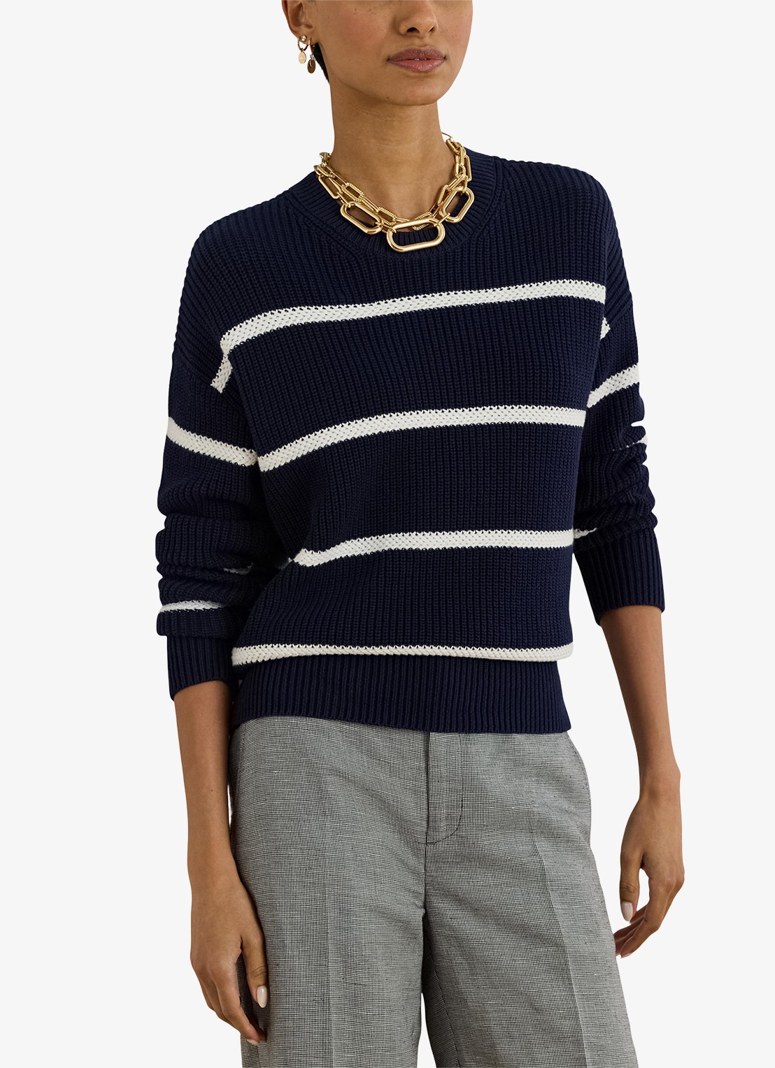 Ralph Lauren Ribgebreide trui met streepprint - detail 3 donkerblauw