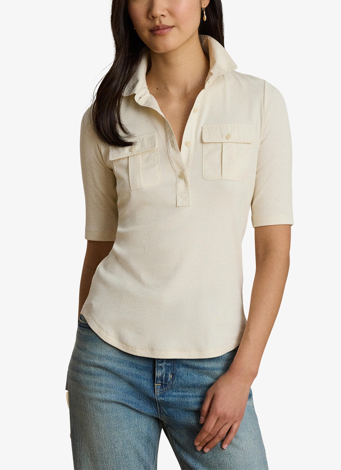 Ralph Lauren Ribgrebreide top met borstzakken - detail 4 mascarpone crème / crème