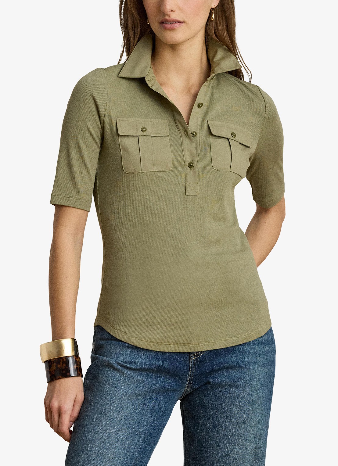 Ralph Lauren Ribgrebreide top met borstzakken - detail 4 light agave / groen