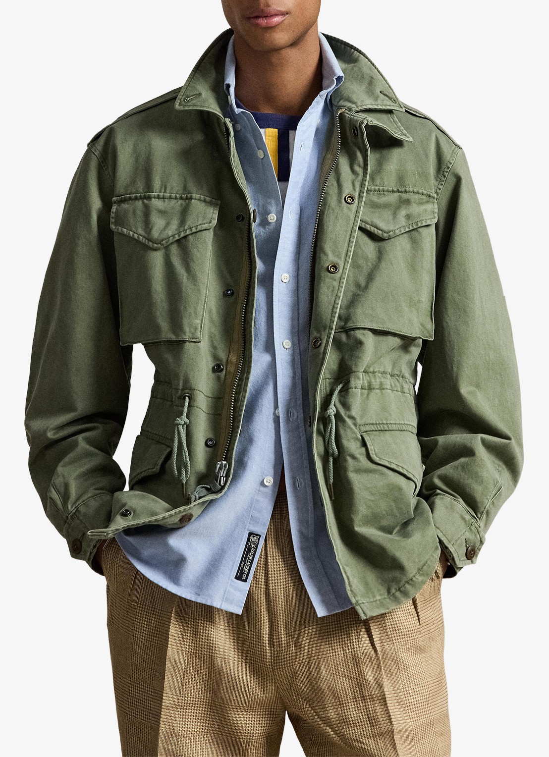 Ralph Lauren Satinet veldjas met opgestikte zakken en trekkoord - detail mint olive washed / olijfgroen