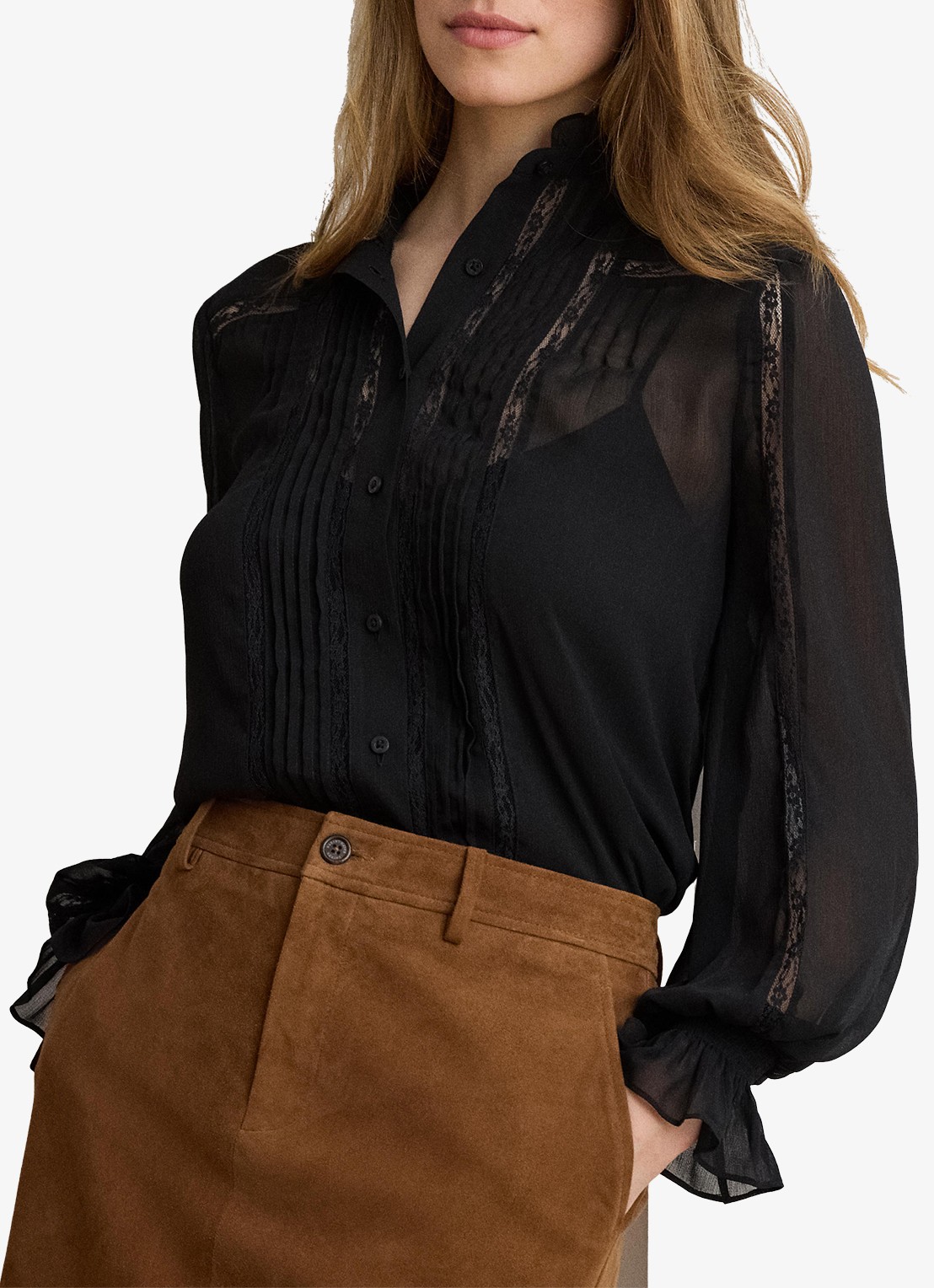 Ralph Lauren Semi-transparante blouse met ruches - detail 4 zwart
