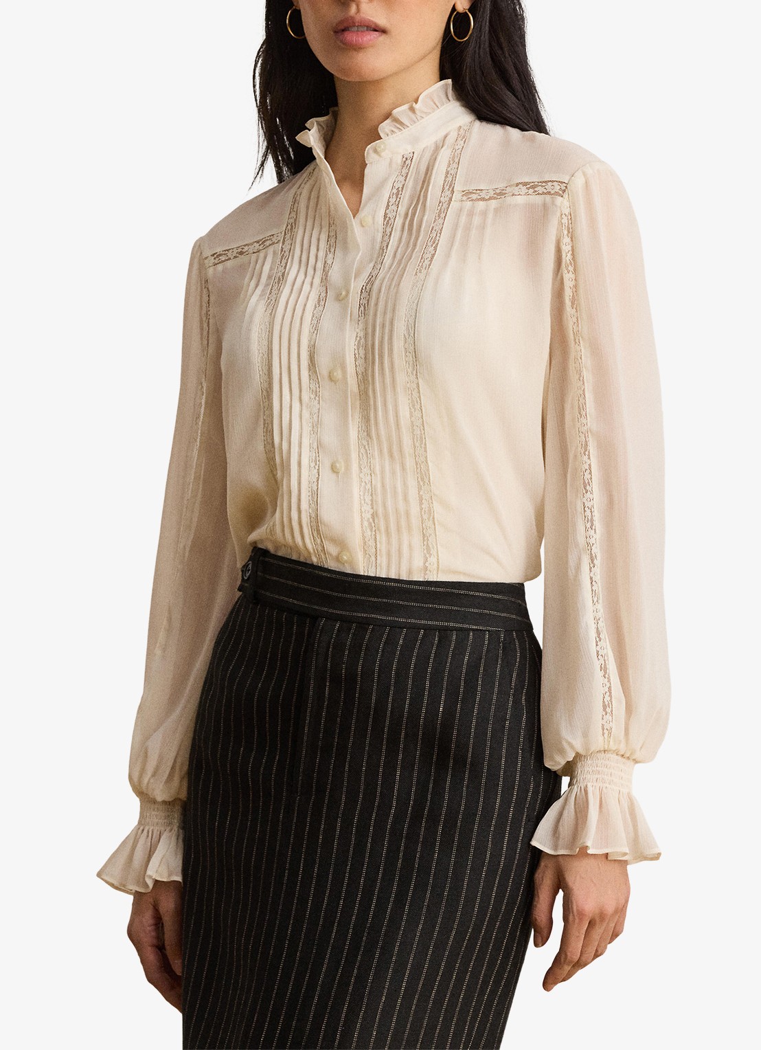 Ralph Lauren Semi-transparante blouse met ruches - detail mascarpone crème / crème