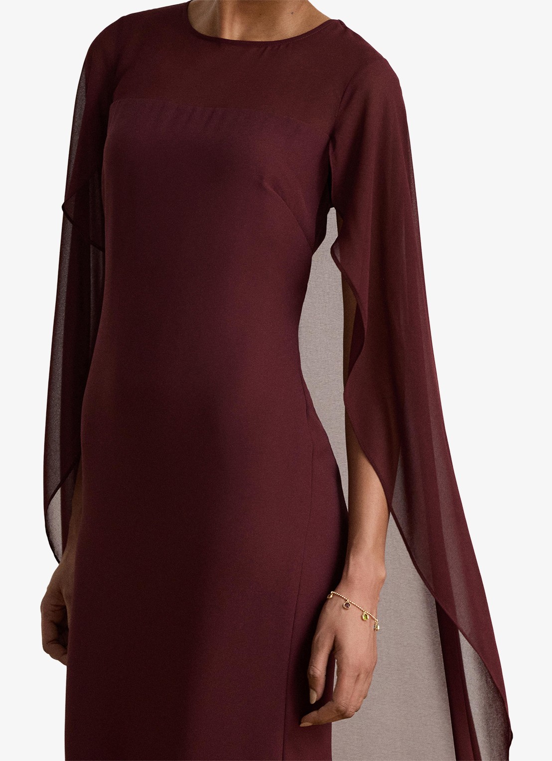 Ralph Lauren Semi-transparante maxi jurk met cape - detail 3 dark garnet / bordeauxrood