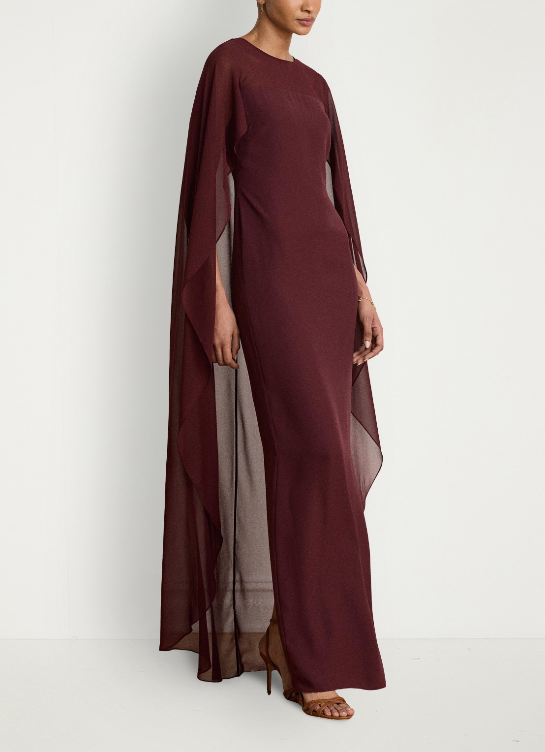 Ralph Lauren Semi-transparante maxi jurk met cape - voorkant 5 dark garnet / bordeauxrood