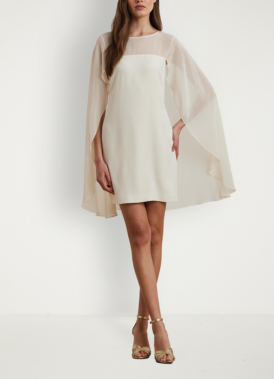 Ralph Lauren Semi-transparante mini jurk met cape - voorkant 3 mascarpone cream / gebroken wit