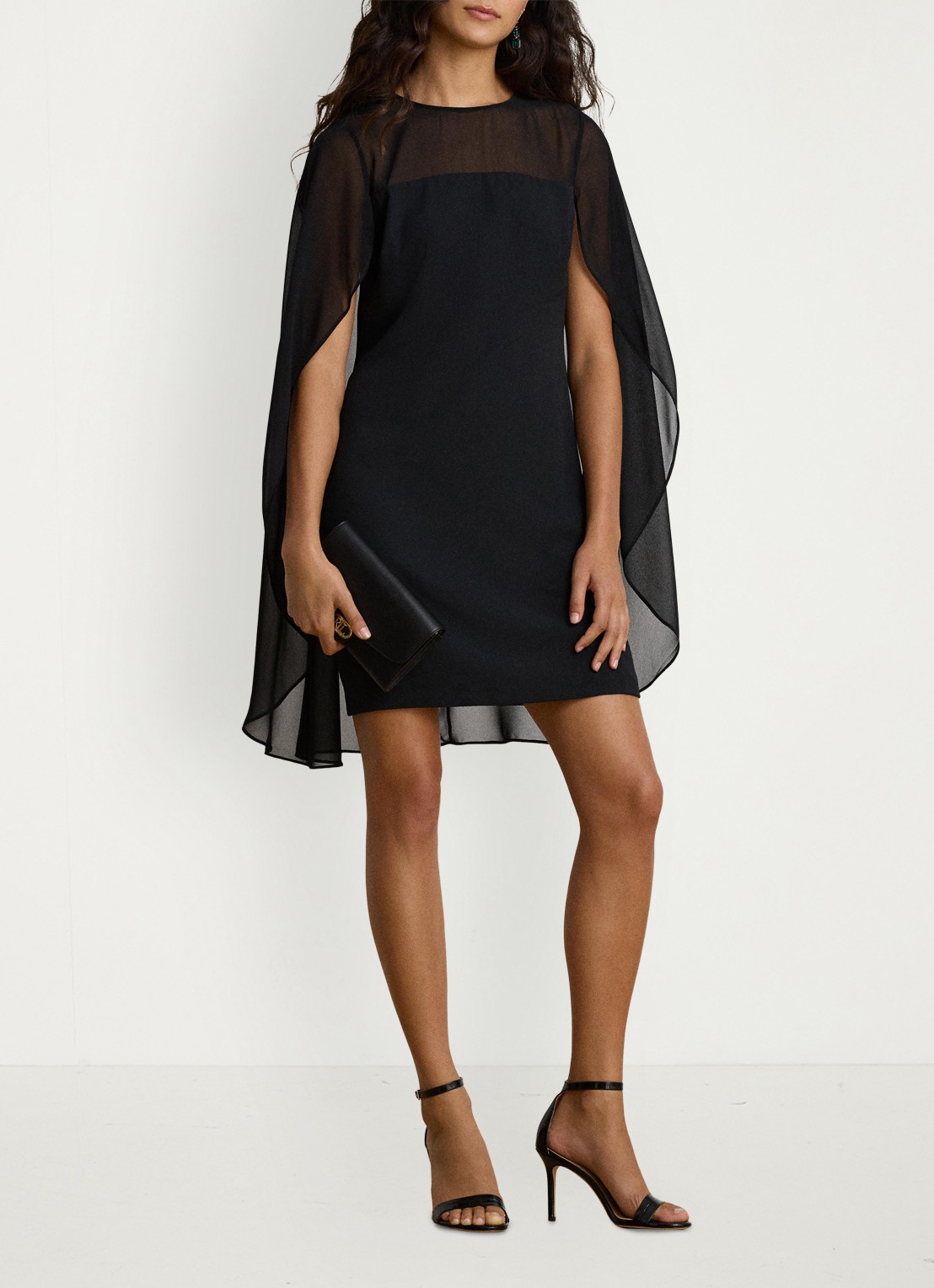 Ralph Lauren Semi-transparante mini jurk met cape - voorkant 5 zwart