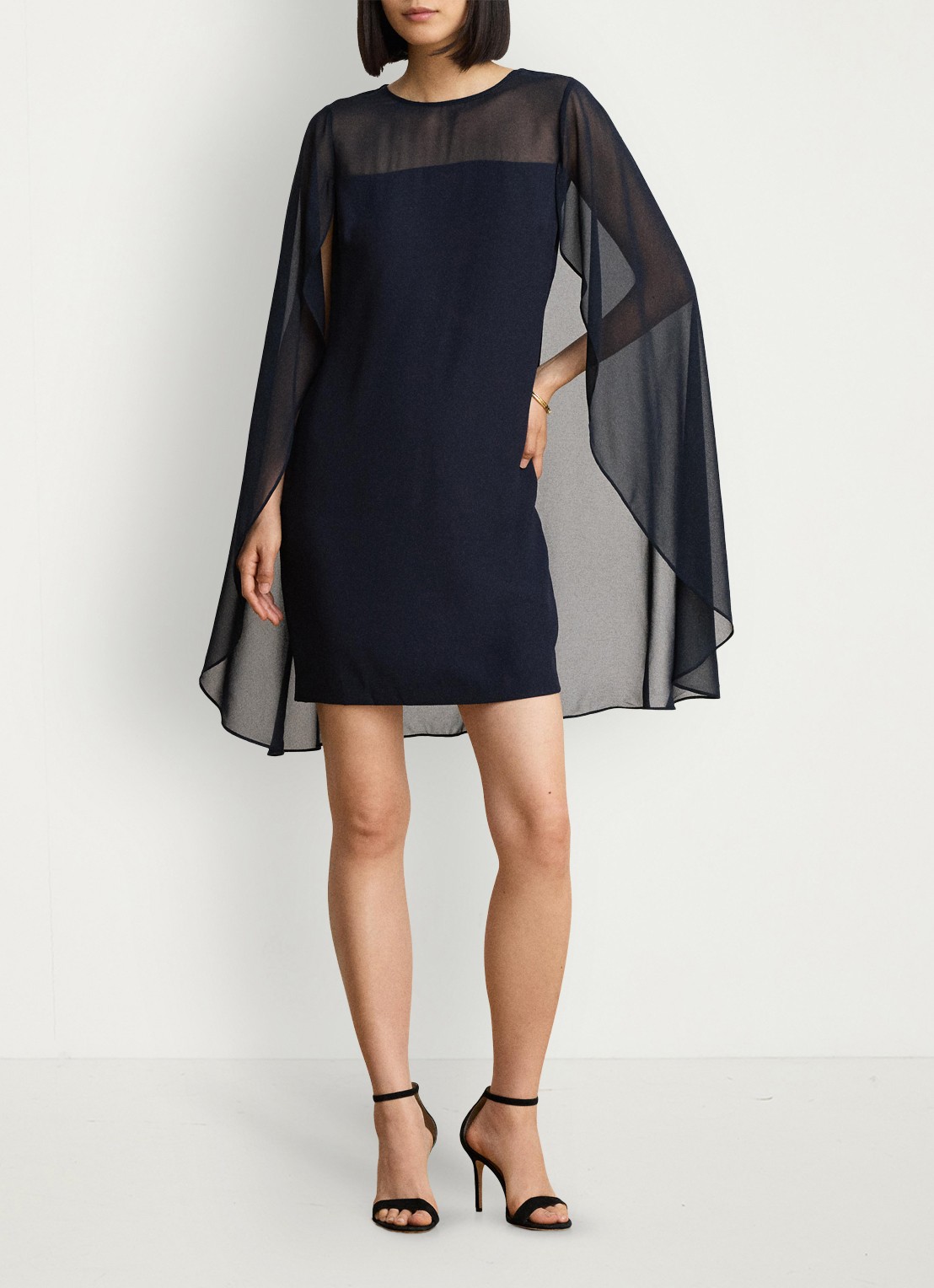 Ralph Lauren Semi-transparante mini jurk met cape - voorkant 3 lauren navy / blauw