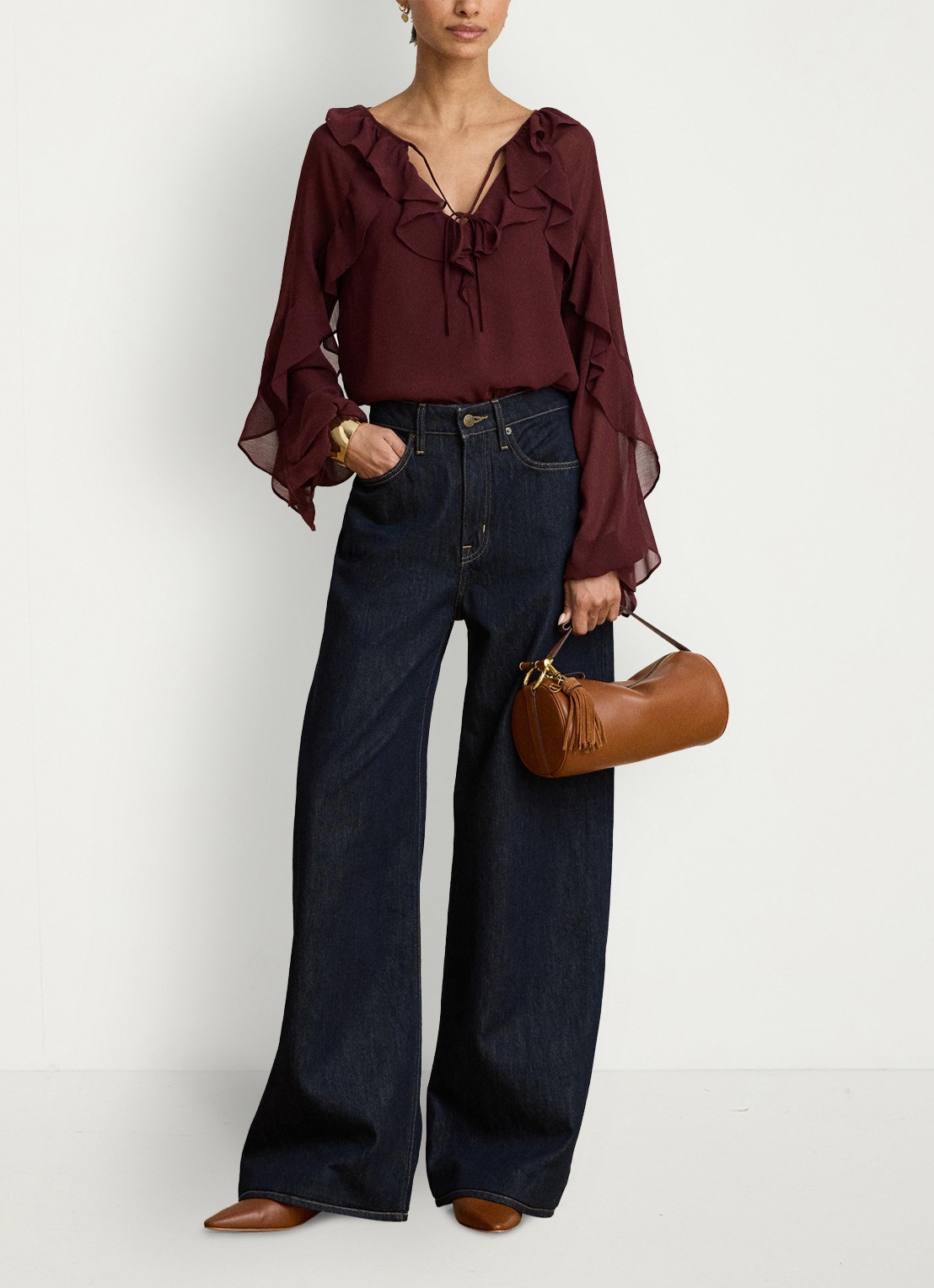 Ralph Lauren Semi-transparante tuniek met ruches - detail dark garnet / bordeauxrood