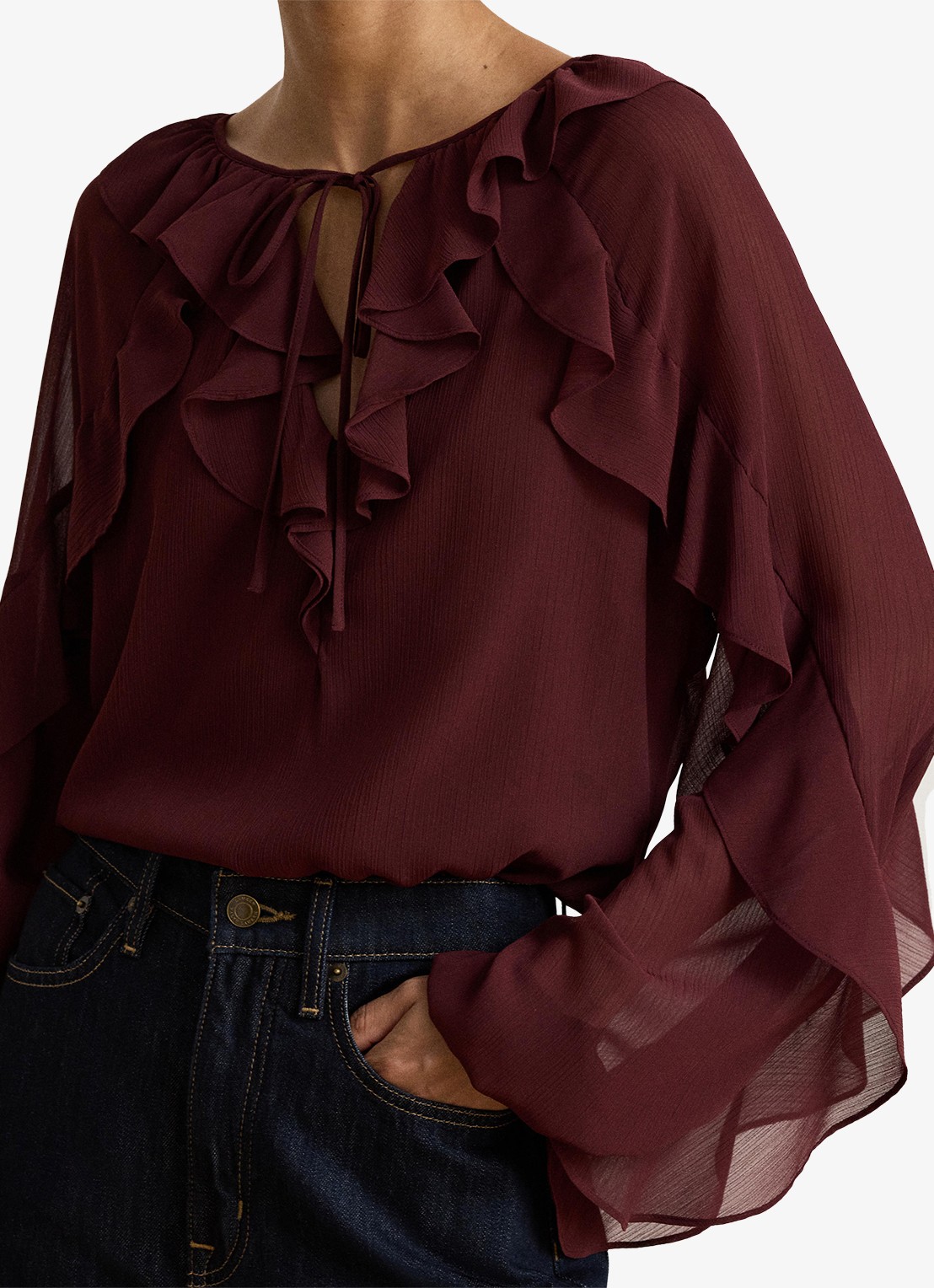 Ralph Lauren Semi-transparante tuniek met ruches - detail 2 dark garnet / bordeauxrood