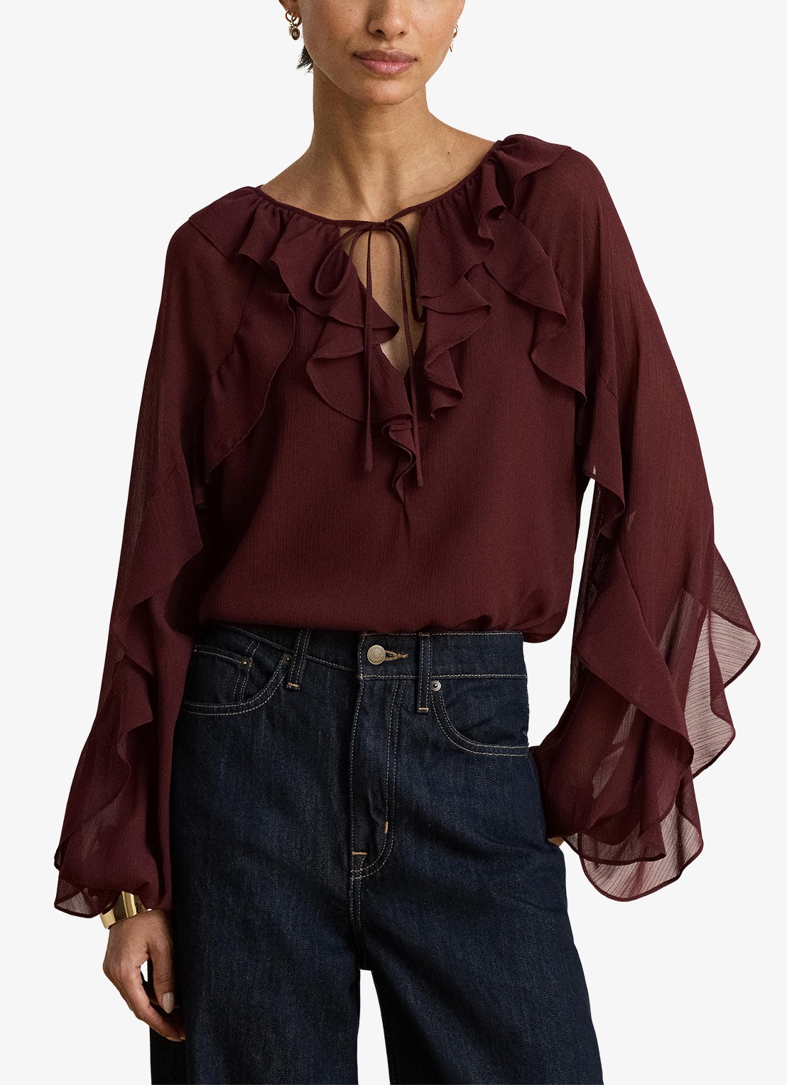 Ralph Lauren Semi-transparante tuniek met ruches - voorkant 4 dark garnet / bordeauxrood