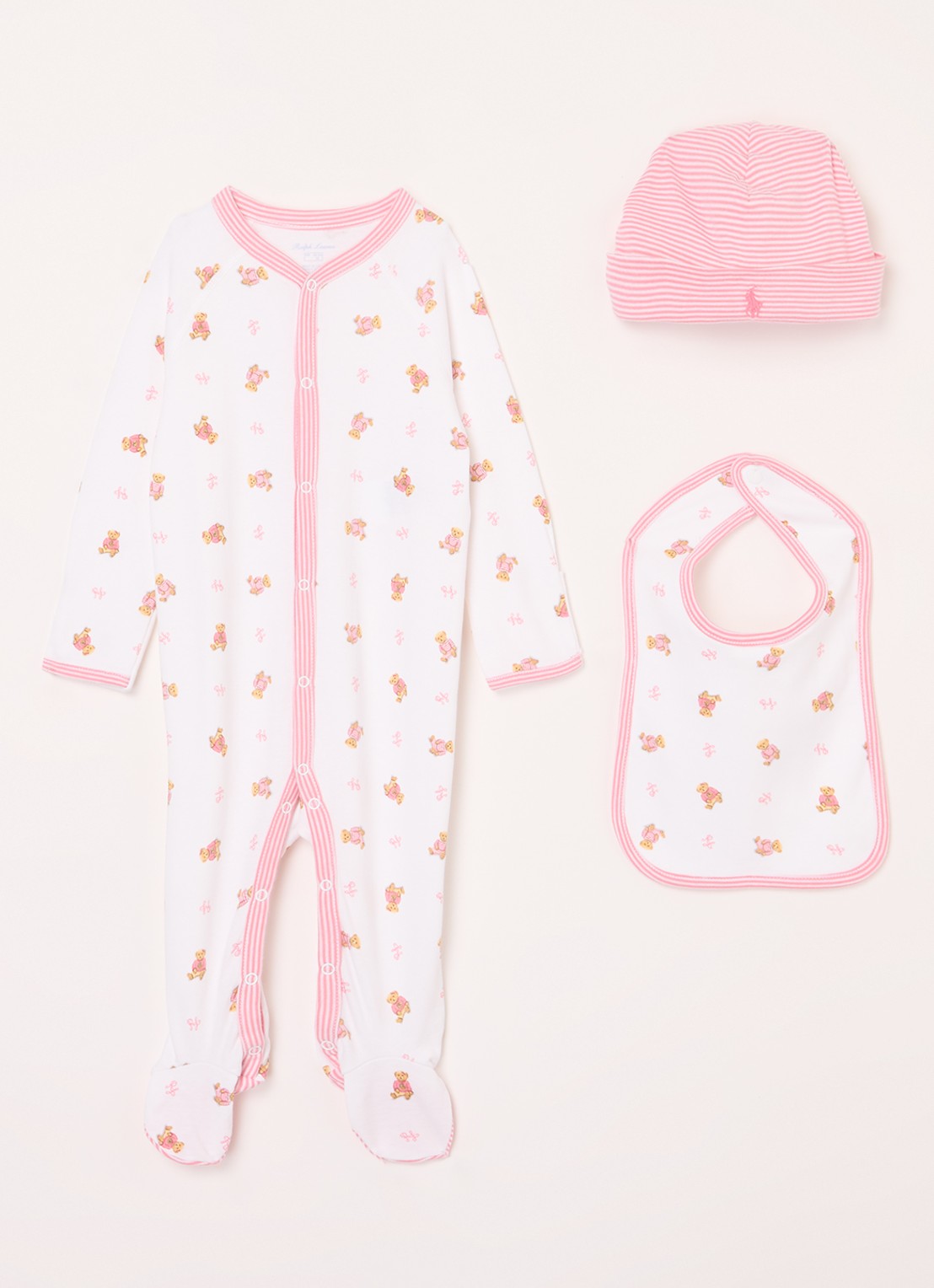 Ralph Lauren Set van babypak met muts en slab in giftbox 3-delig - voorkant roze
