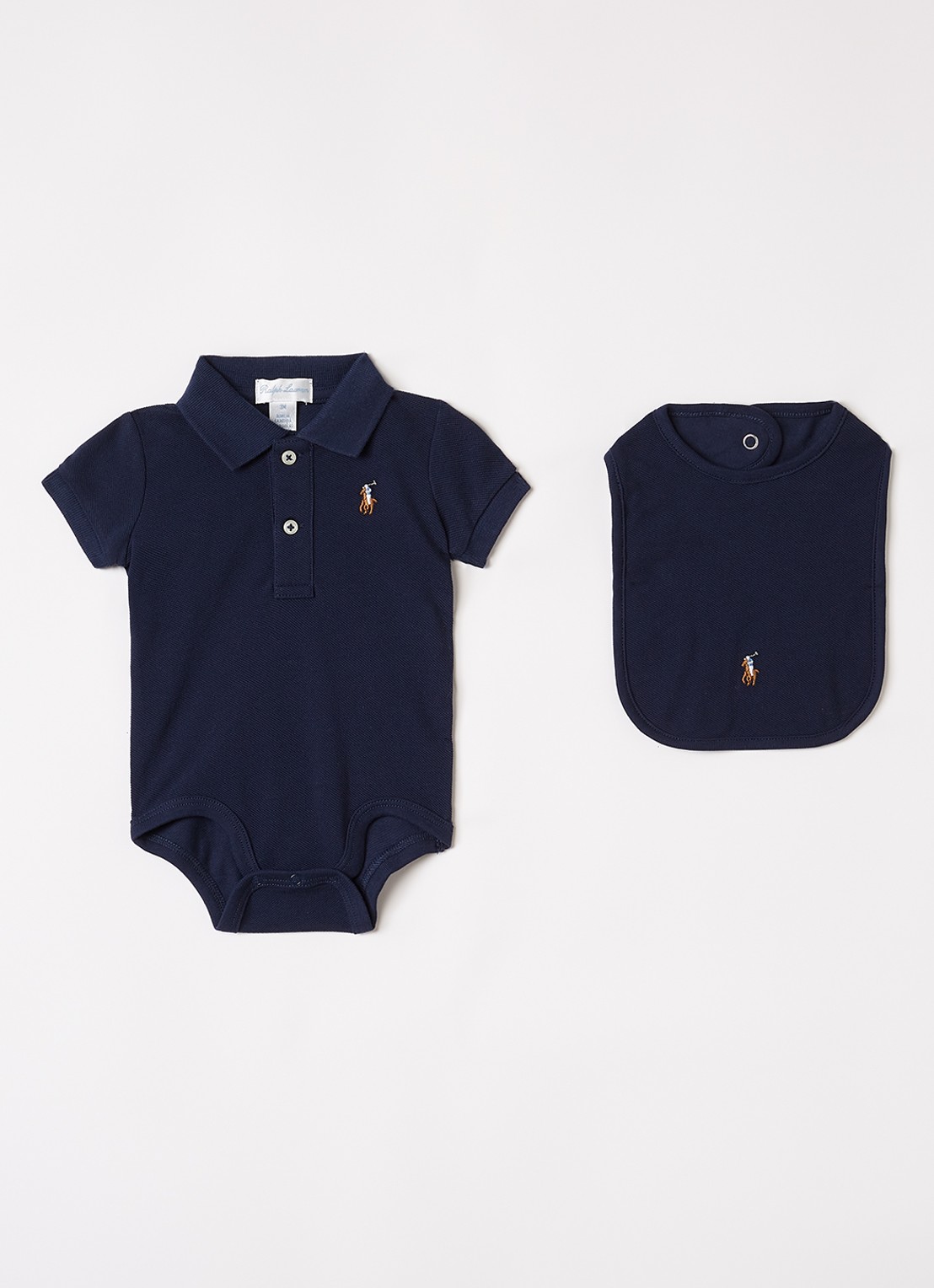 Ralph Lauren Set van romper met muts en slab in giftbox 3-delig - voorkant 2 donkerblauw