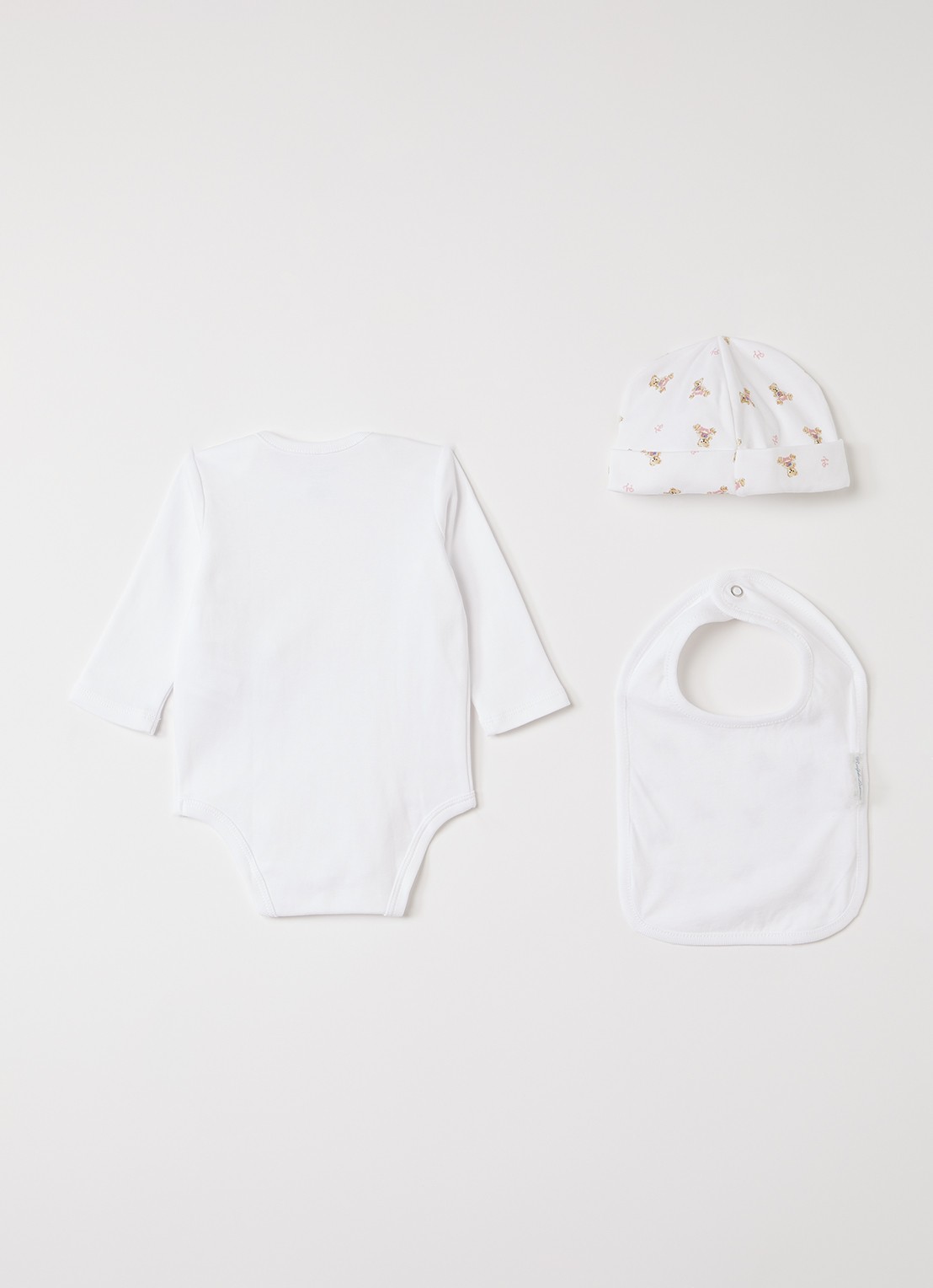 Ralph Lauren Set van romper met muts en slab in giftbox 3-delig - voorkant 2 wit