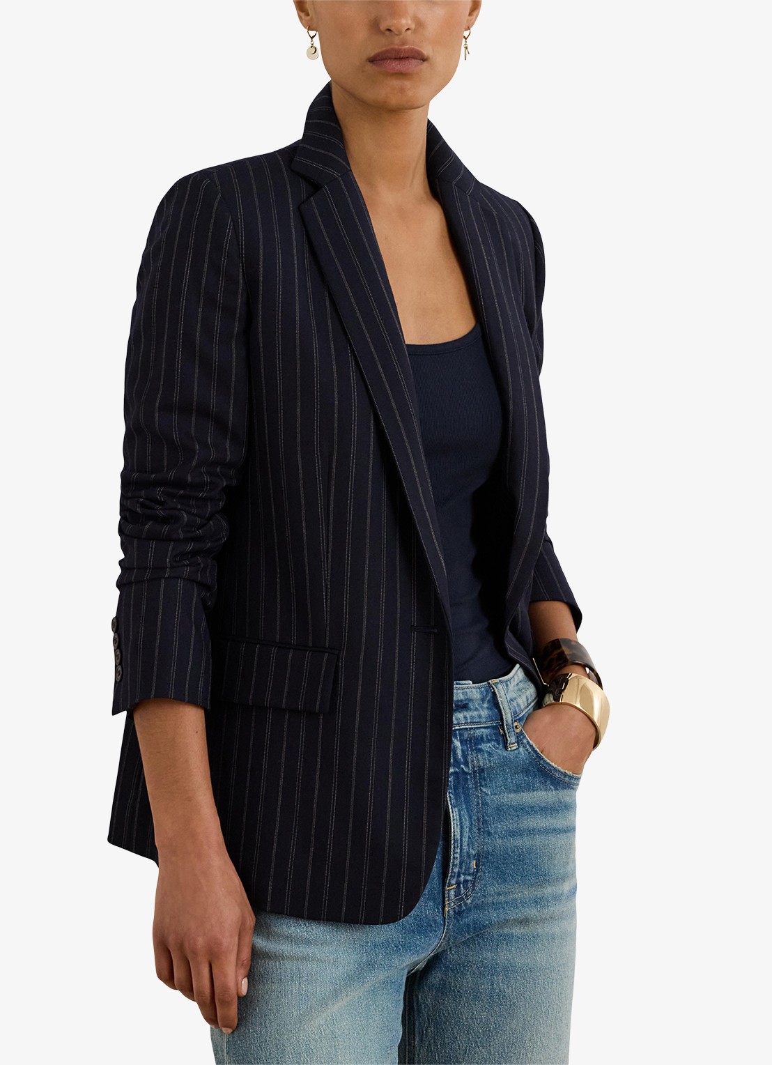 Ralph Lauren Single-breasted blazer in wolblend met streepprint en klepzakken - detail donkerblauw