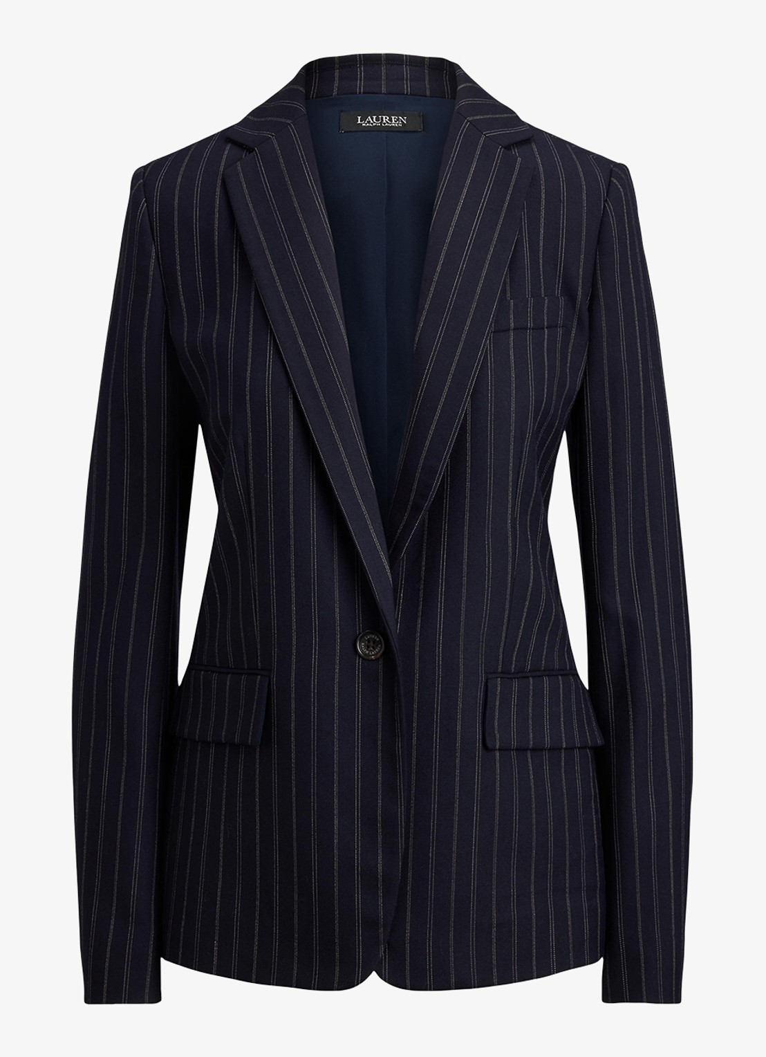 Ralph Lauren Single-breasted blazer in wolblend met streepprint en klepzakken - voorkant 2 donkerblauw
