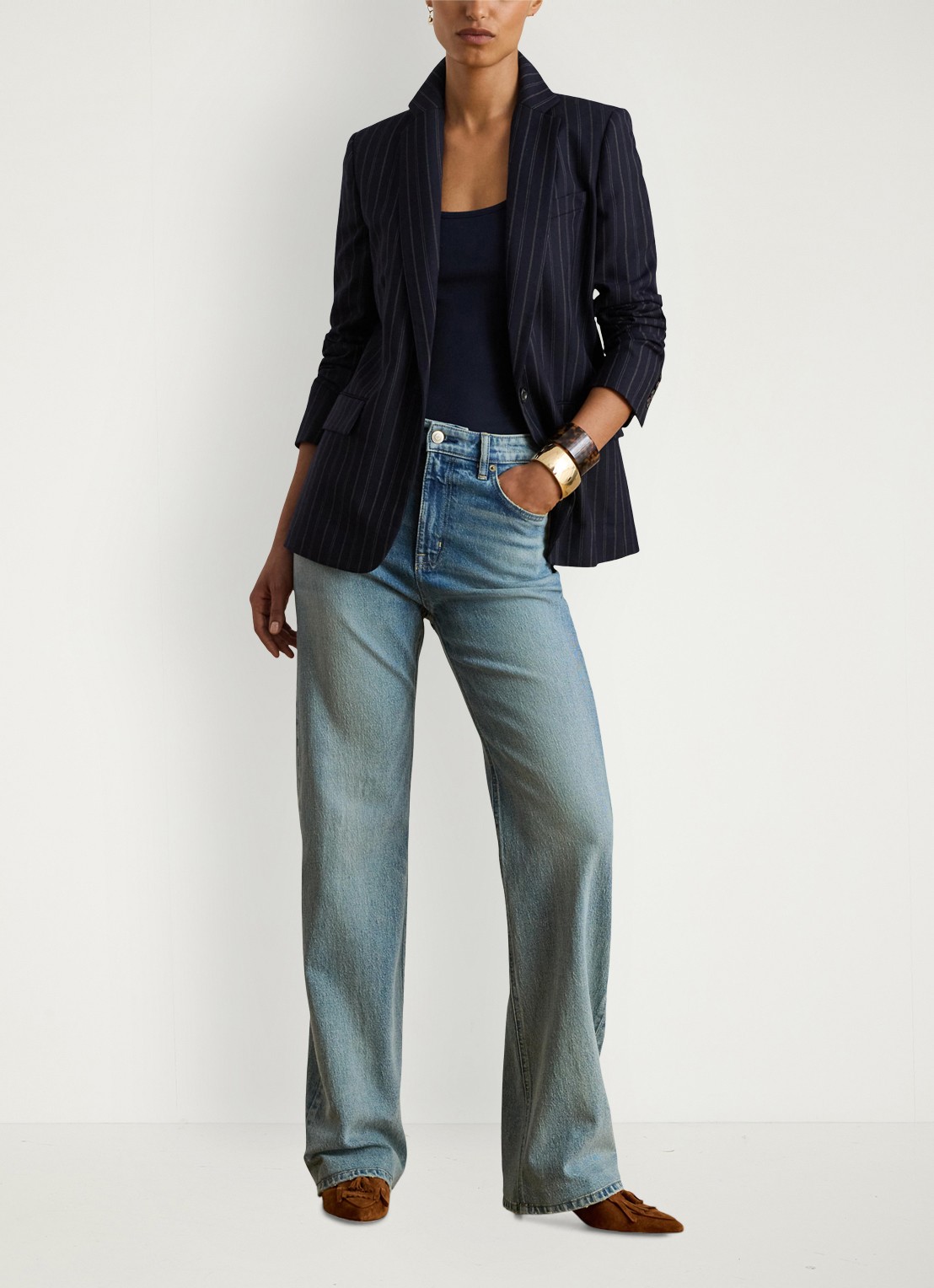 Ralph Lauren Single-breasted blazer in wolblend met streepprint en klepzakken - voorkant 3 donkerblauw