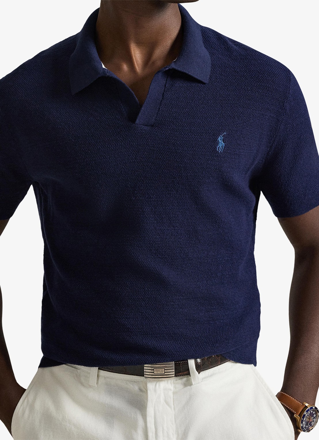 Ralph Lauren Slim fit fijngebreide polo in linnenblend - detail 5 bright navy/deckwash wht-zynp