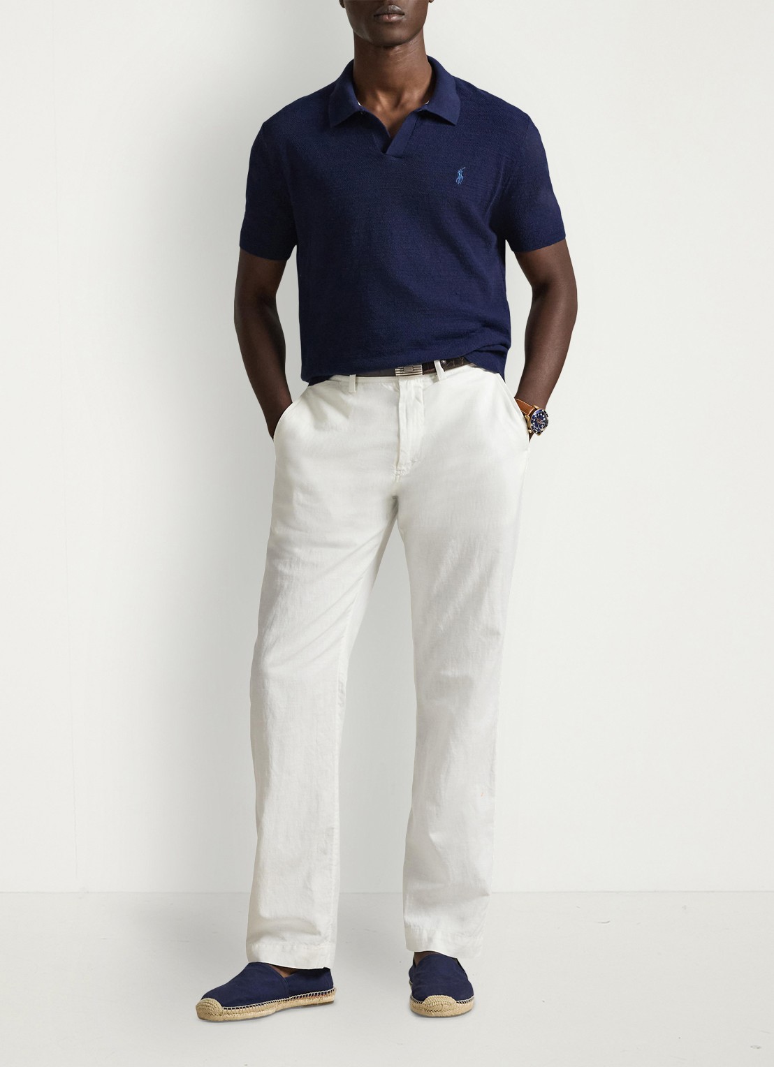 Ralph Lauren Slim fit fijngebreide polo in linnenblend - voorkant 3 bright navy/deckwash wht-zynp