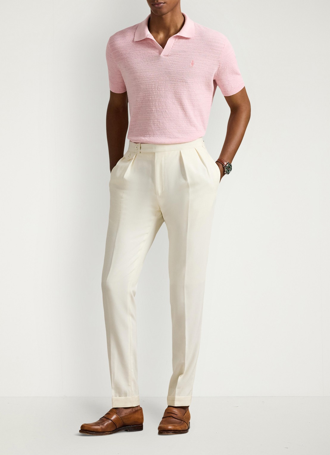 Ralph Lauren Slim fit fijngebreide polo in linnenblend - voorkant 2 carmel pink/deckwash white-4532