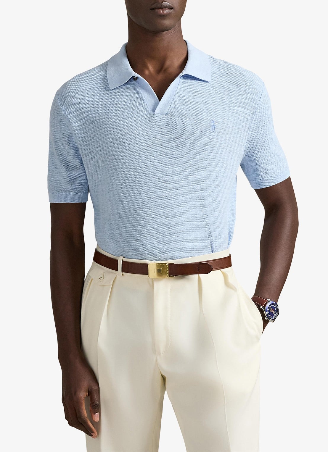 Ralph Lauren Slim fit fijngebreide polo in linnenblend - detail 3 office blue/deckwash white-3rvv