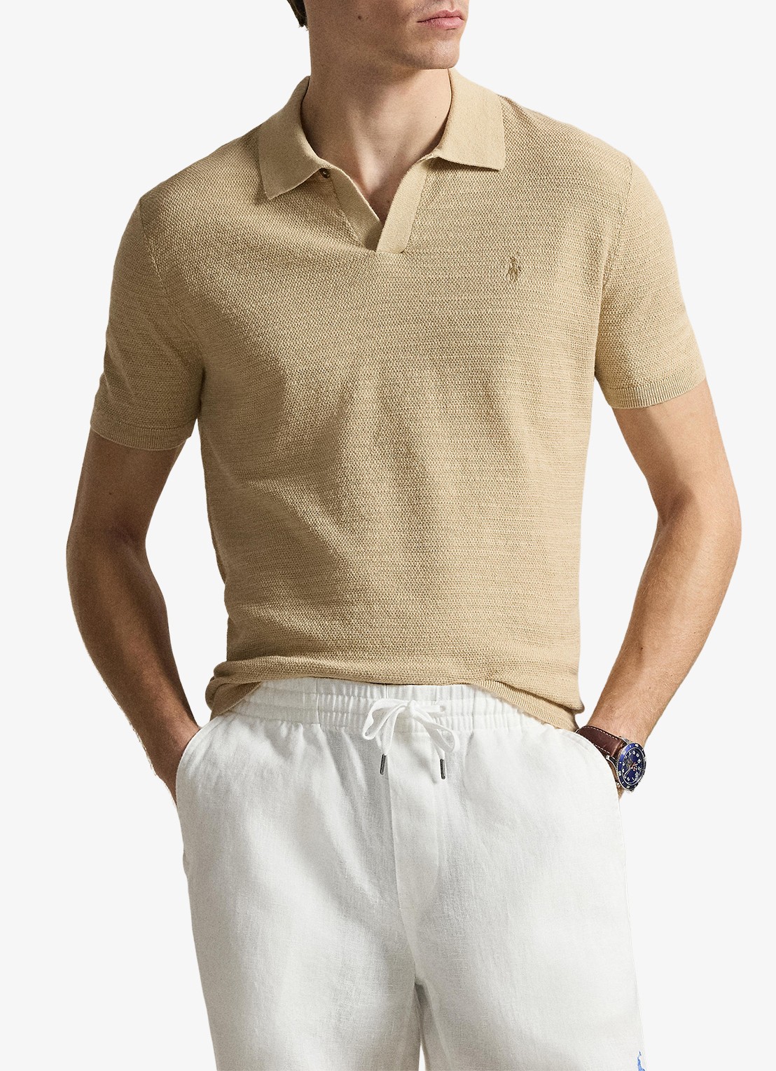 Ralph Lauren Slim fit fijngebreide polo in linnenblend - voorkant 5 dune tan/deckwash white-zynq
