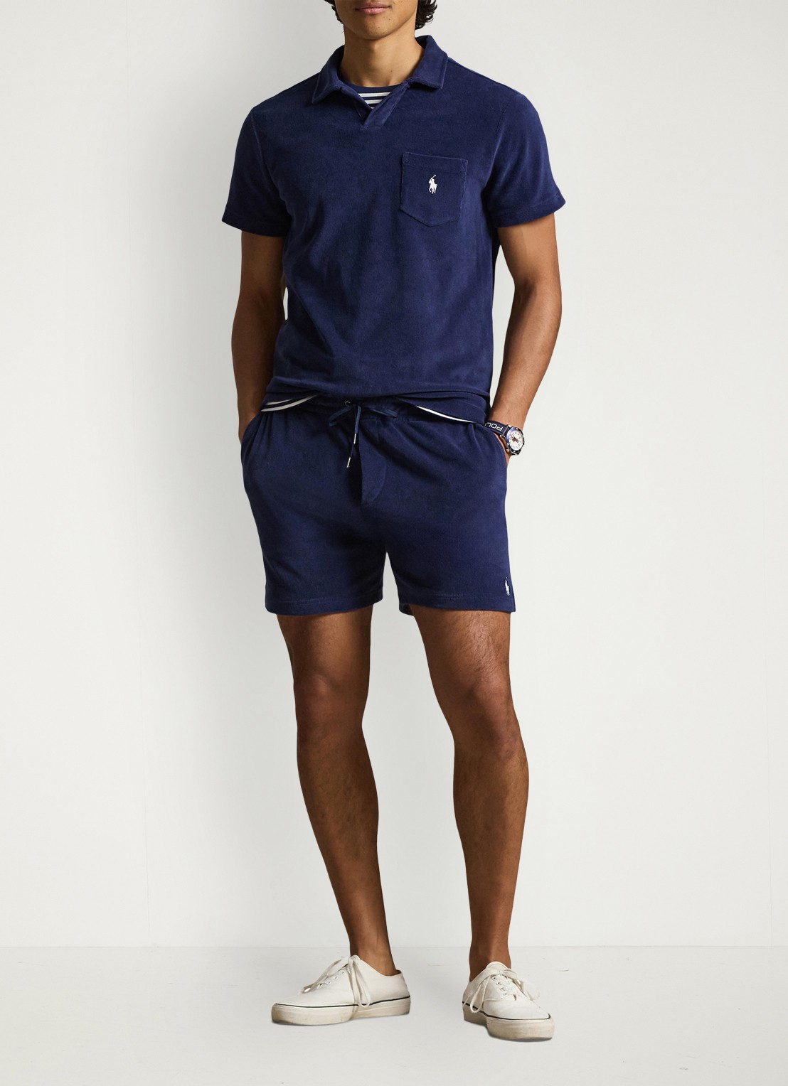 Ralph Lauren Slim fit korte broek van badstof met trekkoord - voorkant 2 newport navy / donkerblauw