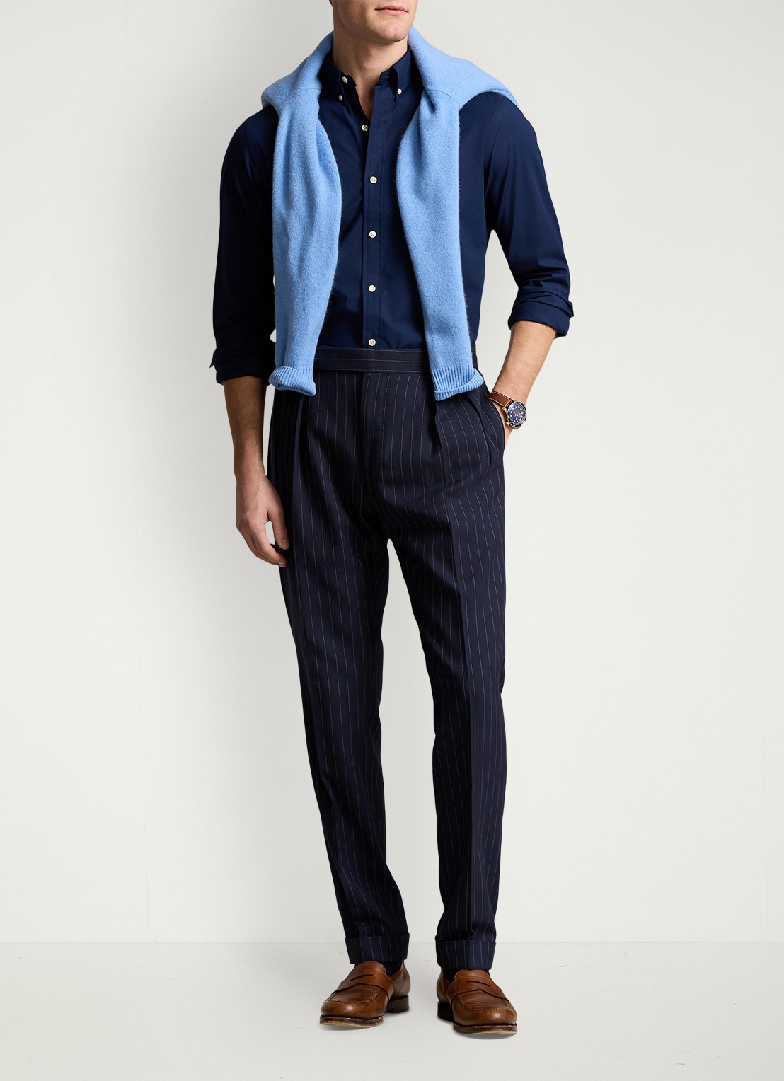 Ralph Lauren Slim fit overhemd met logoborduring - voorkant 2 newport navy / donkerblauw