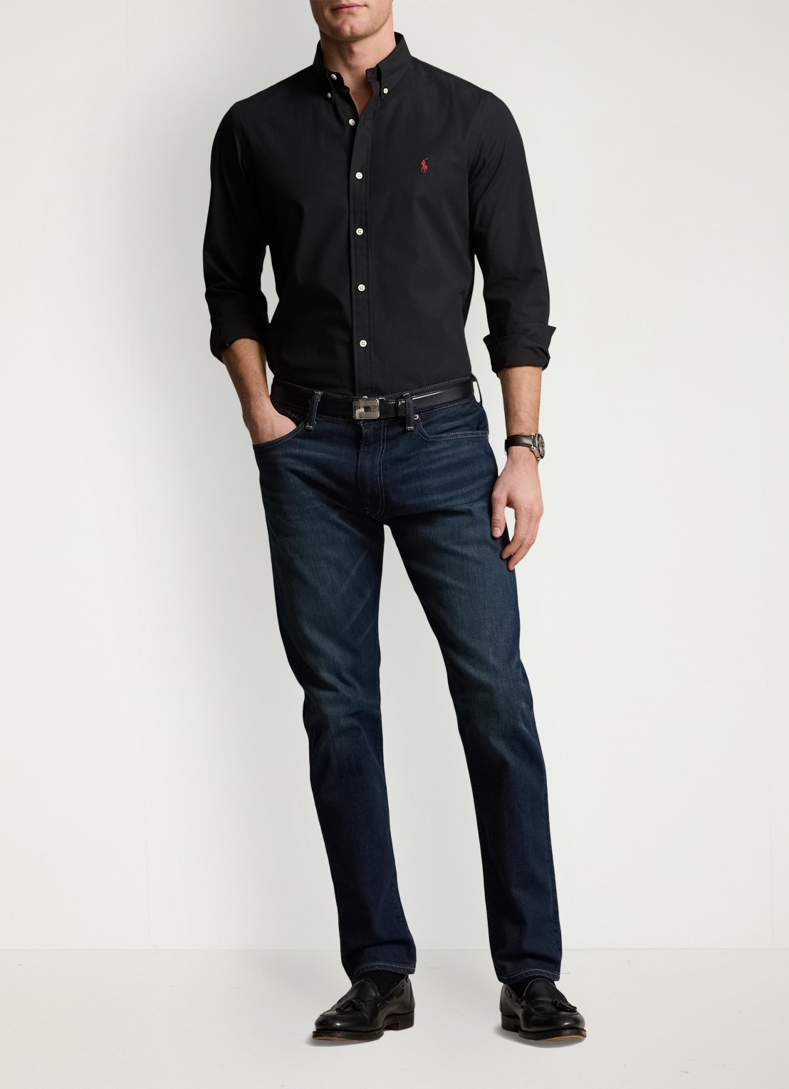 Ralph Lauren Slim fit overhemd met logoborduring - voorkant 2 polo black / zwart