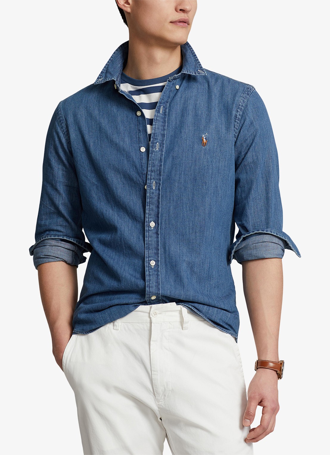 Ralph Lauren Slim fit overhemd van denim met logoborduring - detail indigo