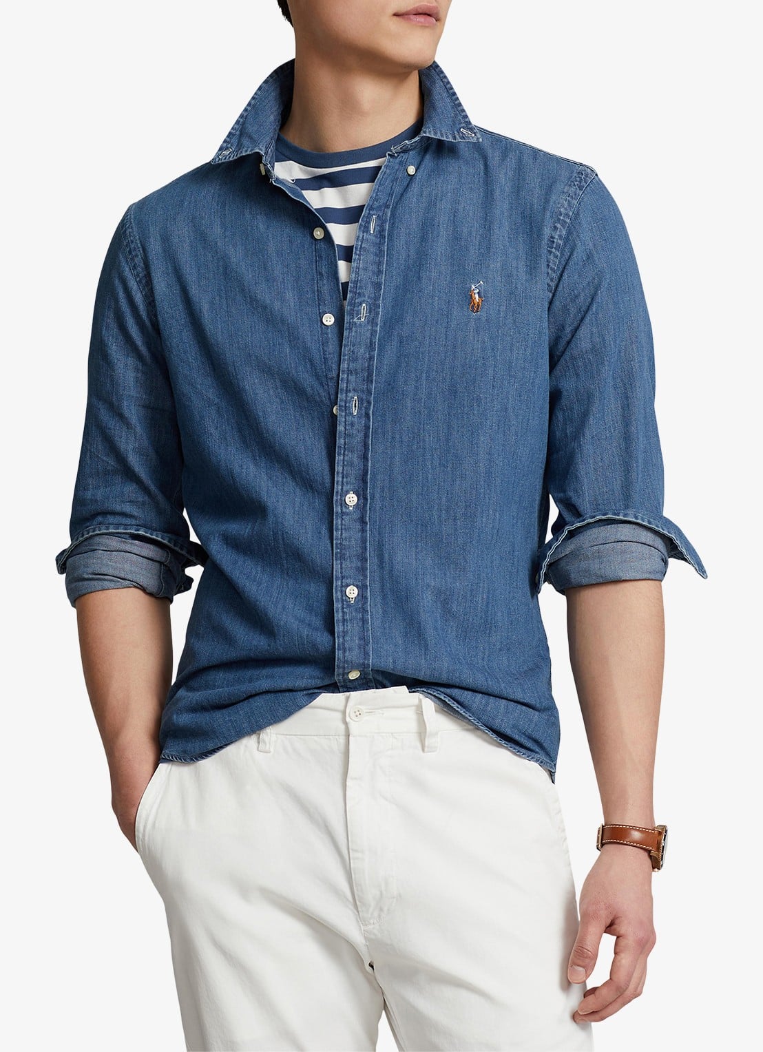 Ralph Lauren Slim fit overhemd van denim met logoborduring - detail 2 indigo