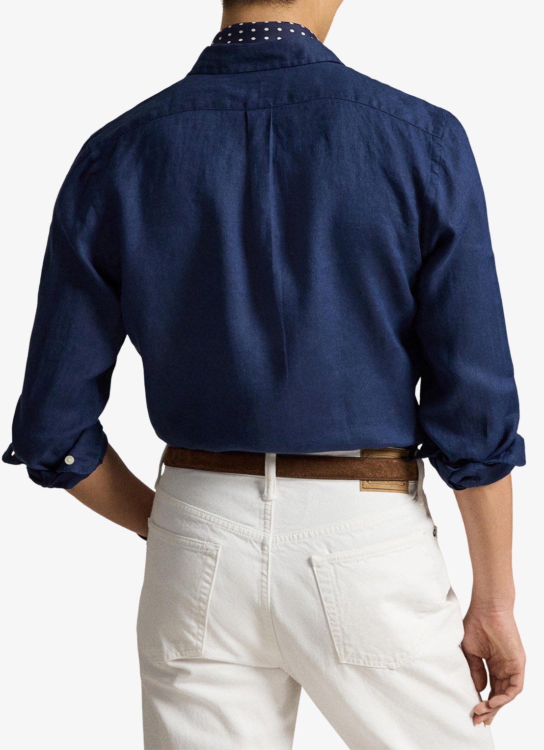 Ralph Lauren Slim fit overhemd van linnen met logoborduring - achterkant 3 newport navy / white / donkerblauw